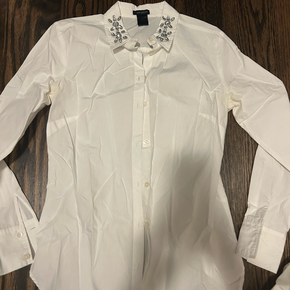 Ann Taylor White Shirt with Crystal Embellishments